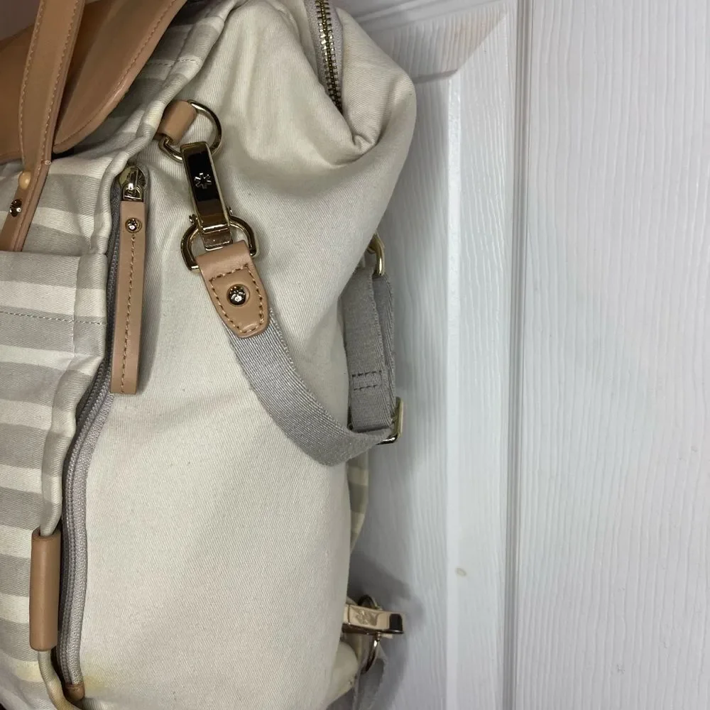Skip Hop High line convertible Diaper Bag Beige & gray canvas tan leather straps